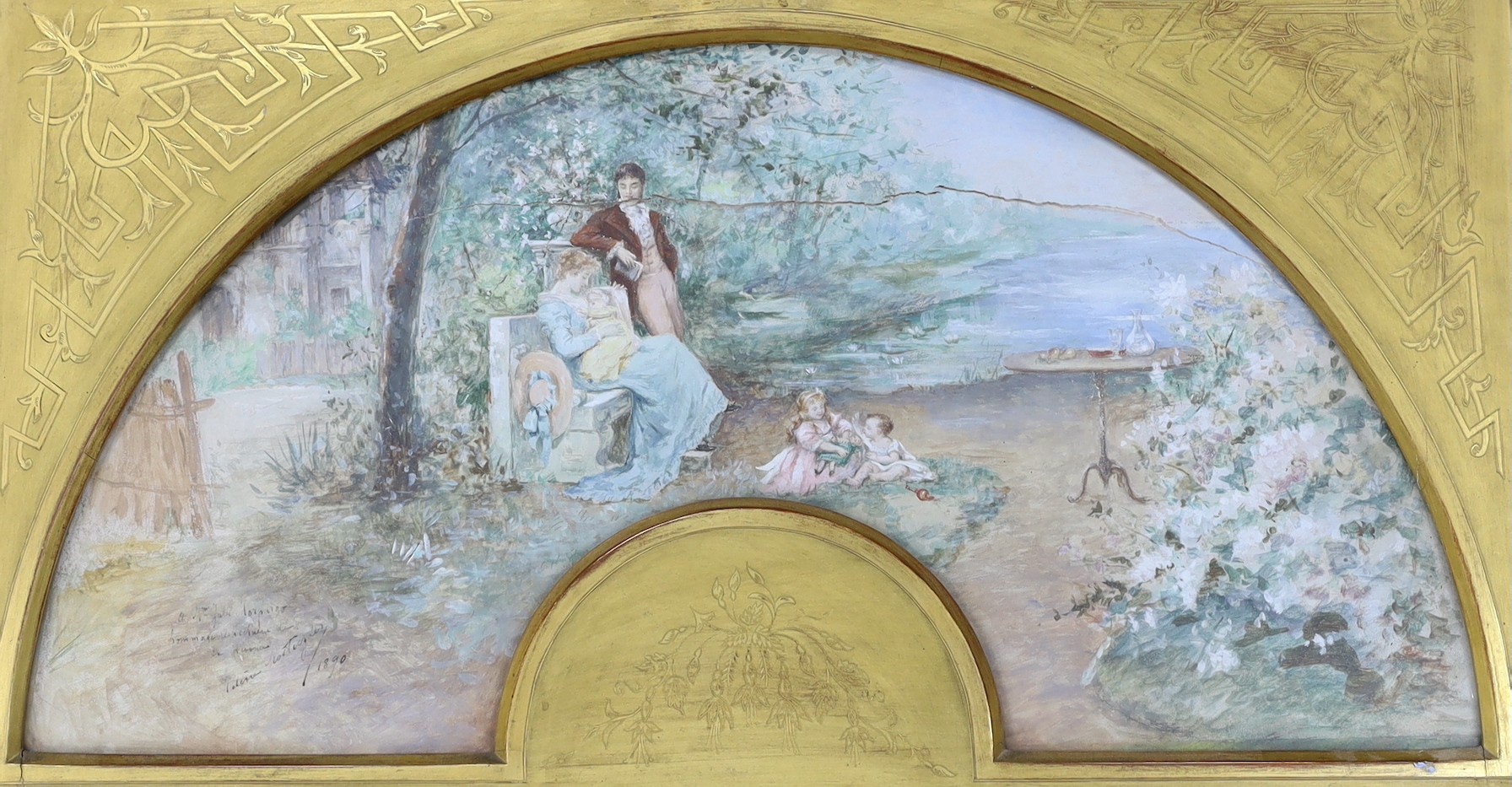 Helena Mostingles (19th C.), watercolour, 'Family group under trees', signed and dated 1890, fan shaped, 34 x 67cm (a.f.)